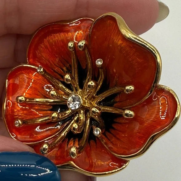 Vintage Monet Poppy Brooch β’ Red-Orange Enamel + Rhinestones β’ 2β β’ Signed - Picture 7 of 16